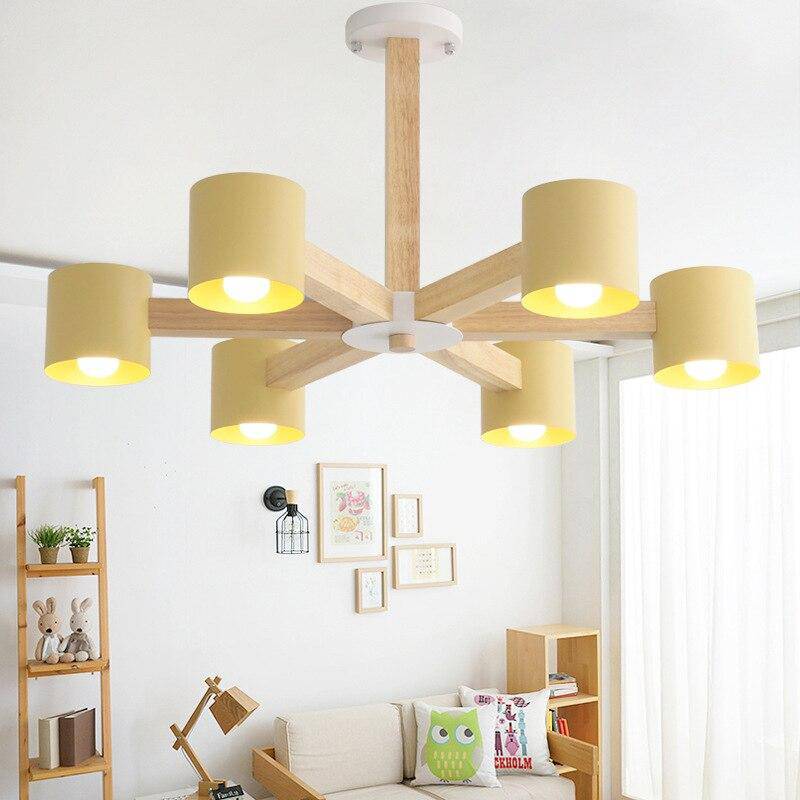 Plafonnier en bois avec plusieurs spots colorés cylindriques - vue 6 sur 8