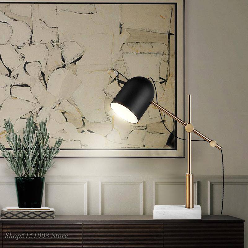 Lampe à poser design LED en marbre avec abat-jour arrondi noir - vue 3 sur 8