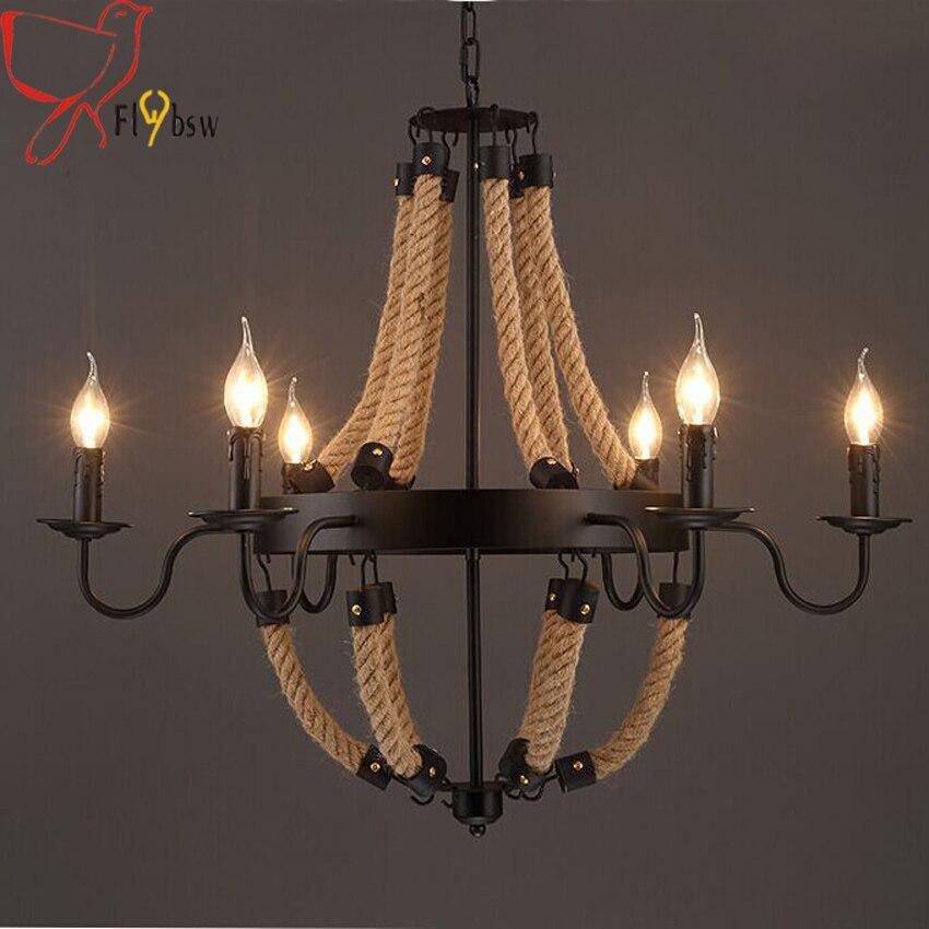 Lustre rustique en métal et cordages avec lampes en flamme - vue 3 sur 7