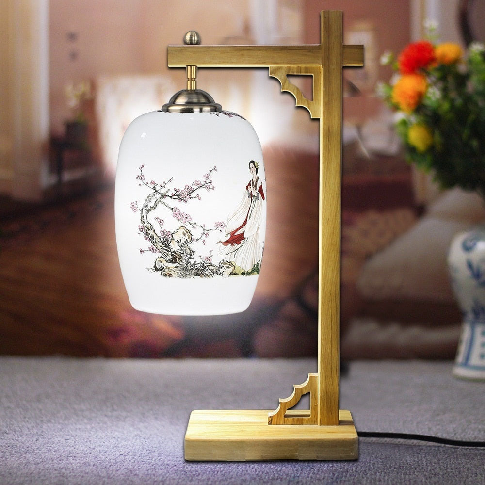 Lampe de bureau ou chevet potence style chinois en bois - vue 3 sur 12