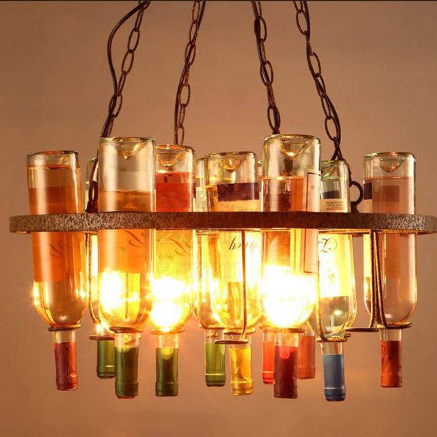 Lustre rustique en métal rétro et bouteilles en verre colorées 60x32cm - vue 5 sur 5