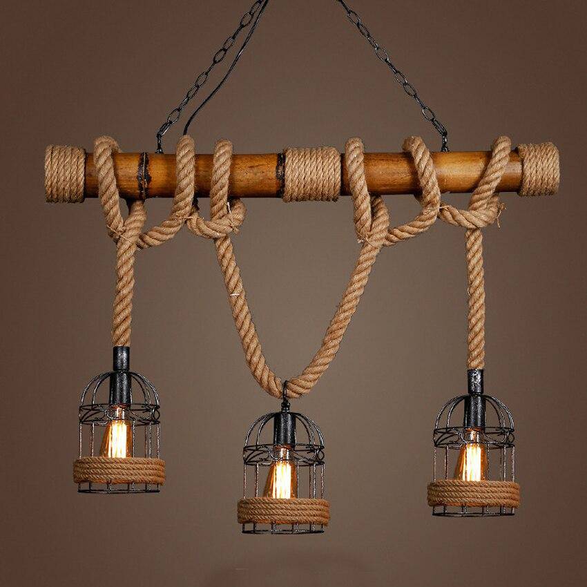 Suspension rustique LED en bois avec corde et plusieurs cage en métal style rétro - vue 7 sur 7