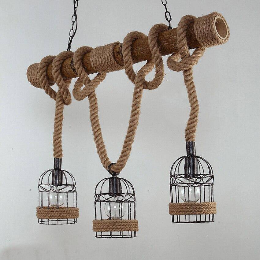 Suspension rustique LED en bois avec corde et plusieurs cage en métal style rétro - vue 4 sur 7