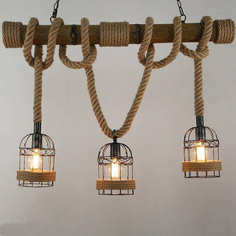 Suspension rustique LED en bois avec corde et plusieurs cage en métal style rétro