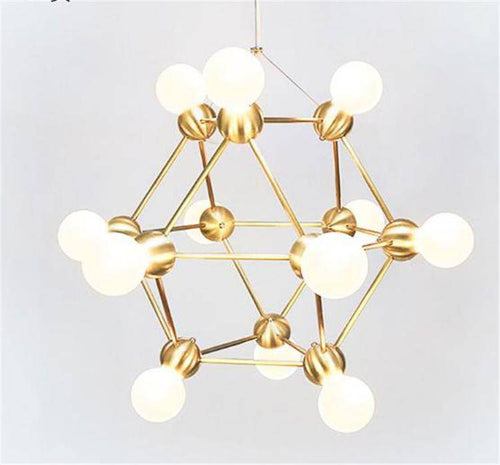 Lustre design géométrique avec plusieurs bras dorés et boules Molecule