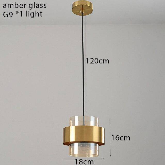 Suspension design LED avec cylindre en verre et metal doré
