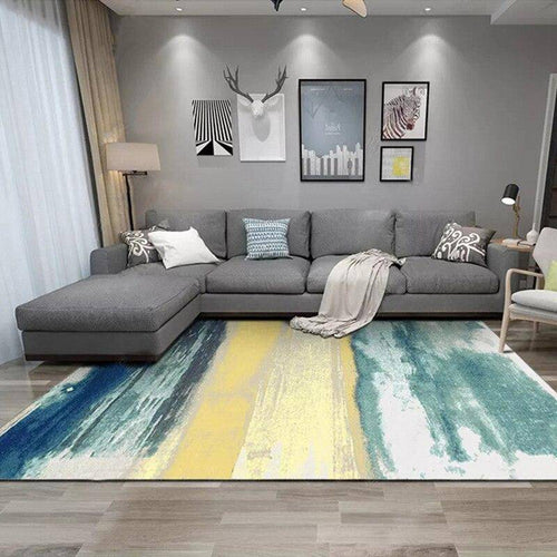 Tapis design rectangle tableau abstrait bleu et jaune Area - vue 4 sur 3
