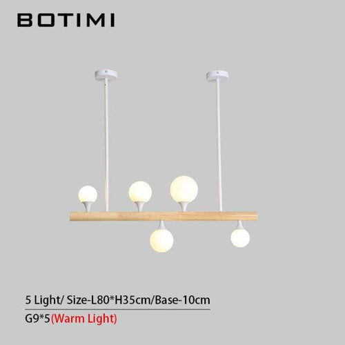 Lustre scandinave LED allongé en bois et boules en verre - vue 5 sur 5