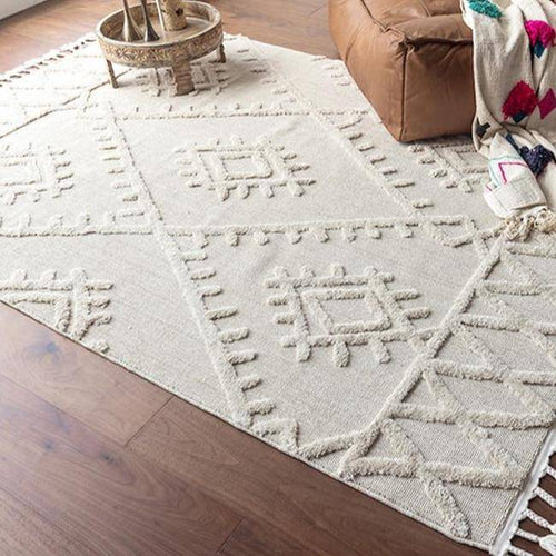 Tapis rectangle berbère blanc à motifs en relief et franges - vue 3 sur 5