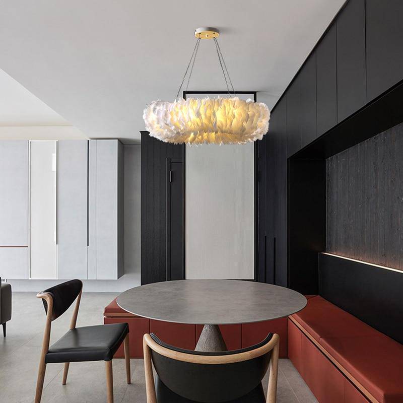 Lustre rond design LED en plumes colorées - vue 4 sur 25