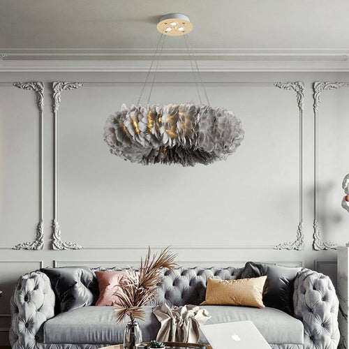 Lustre rond design LED en plumes colorées