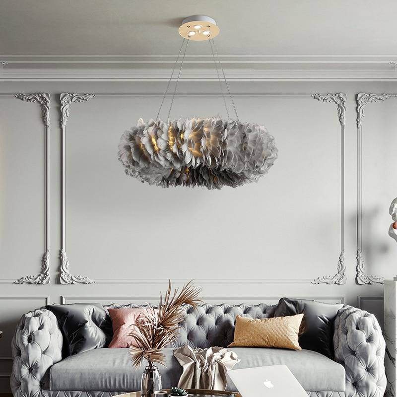 Lustre rond design LED en plumes colorées - vue 3 sur 25