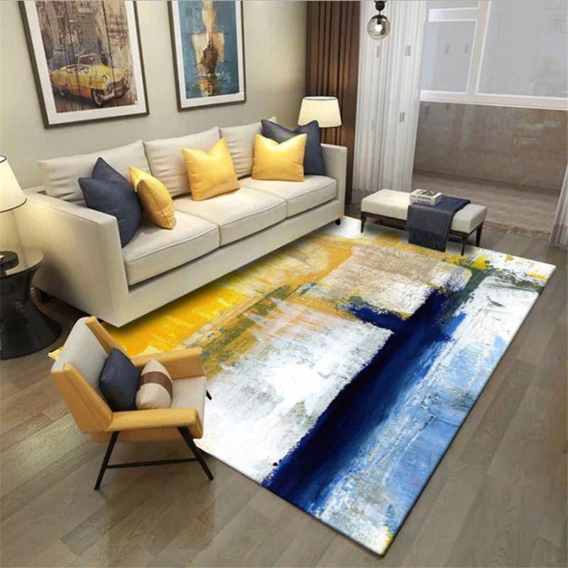 Tapis rectangle au style abstrait jaune et bleu Oil - vue 3 sur 4