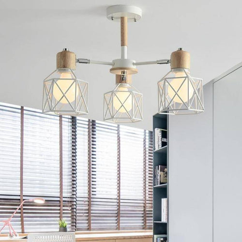 Lustre moderne LED bois avec plusieurs abat-jours en métal - vue 4 sur 7