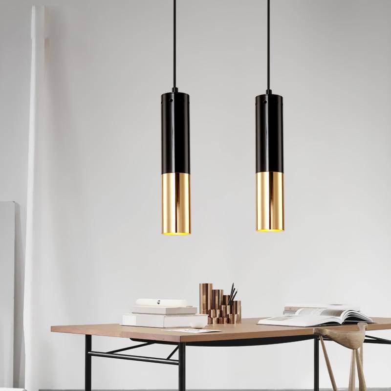 Suspension design LED en tube cylindrique métal noir et doré Faryto - vue 7 sur 7