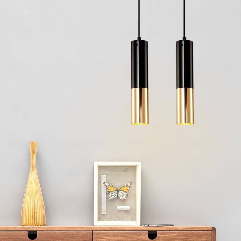 Suspension design LED en tube cylindrique métal noir et doré Faryto - vue 4 sur 7
