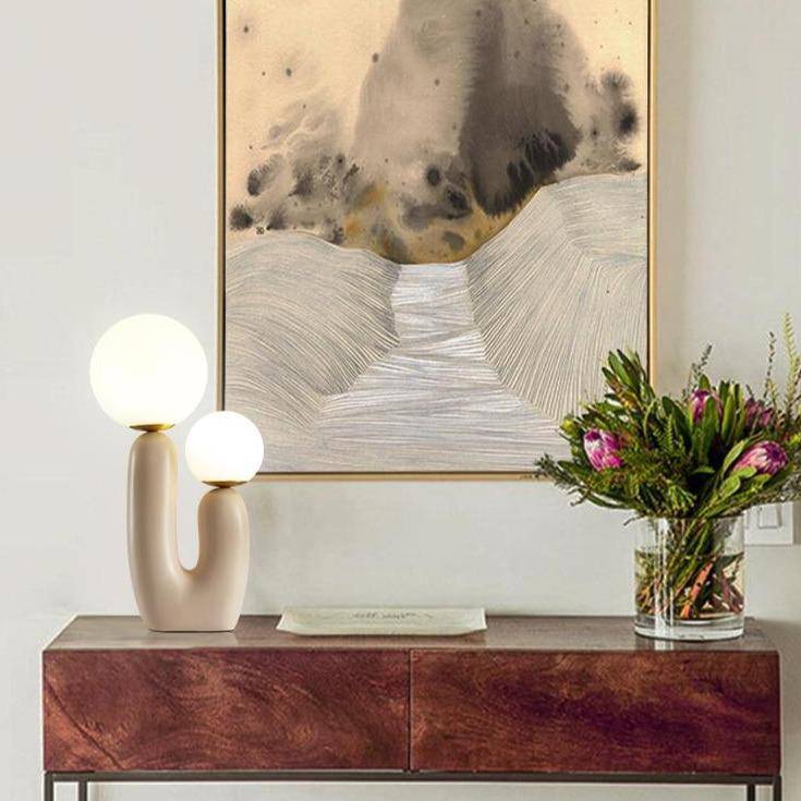 Lampe de chevet design LED en résine rose et double boule en verre