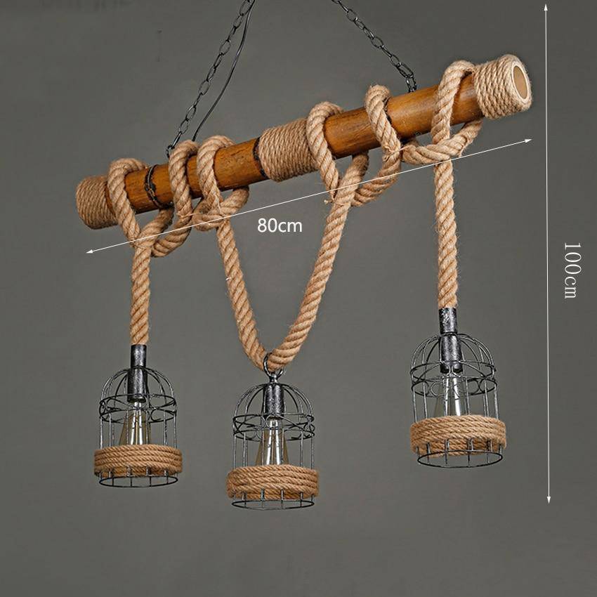 Suspension rustique LED en bois avec corde et plusieurs cage en métal style rétro - vue 8 sur 7
