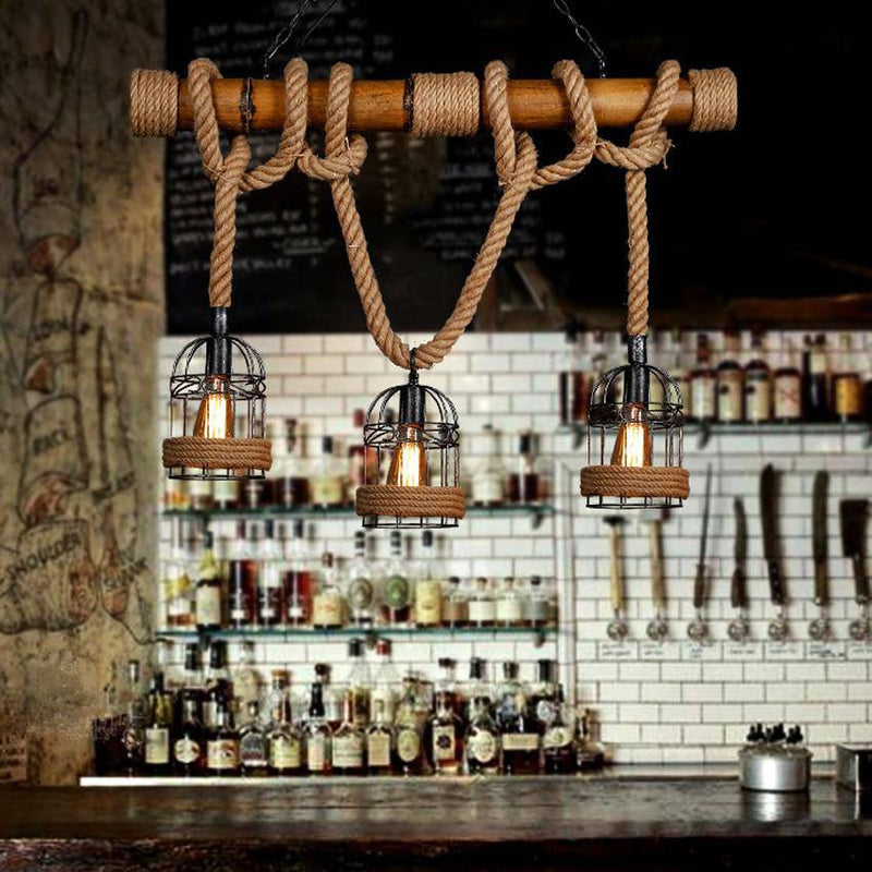 Suspension rustique LED en bois avec corde et plusieurs cage en métal style rétro