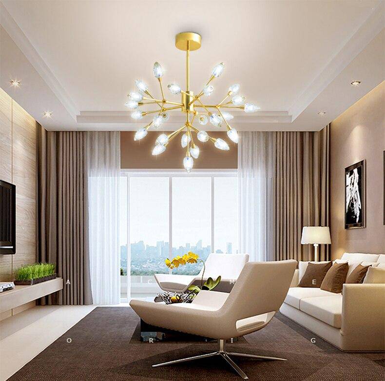 Lustre design LED doré avec plusieurs ampoules cristal - vue 3 sur 4