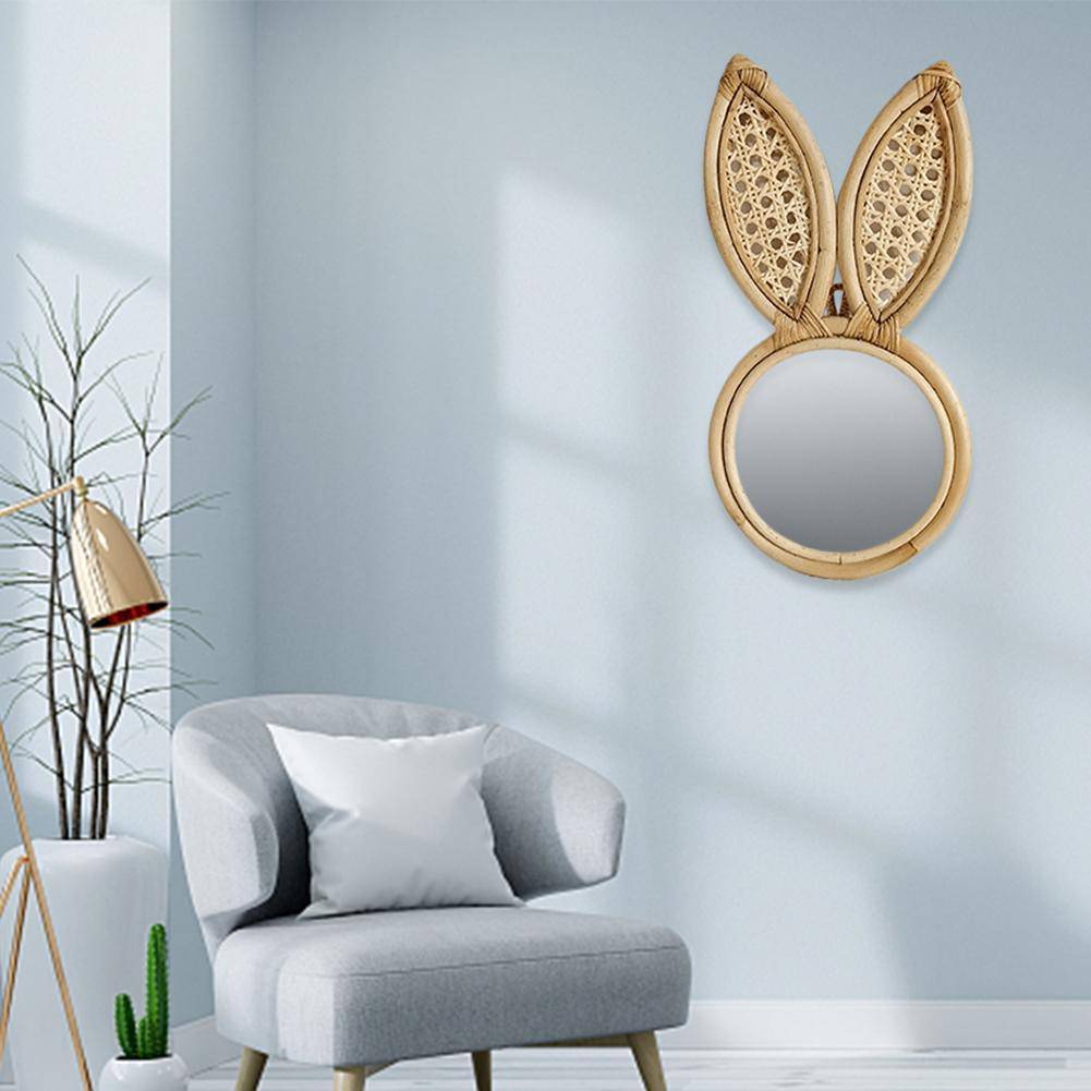 Miroir mural rond en rotin avec oreilles de lapin - vue 3 sur 6