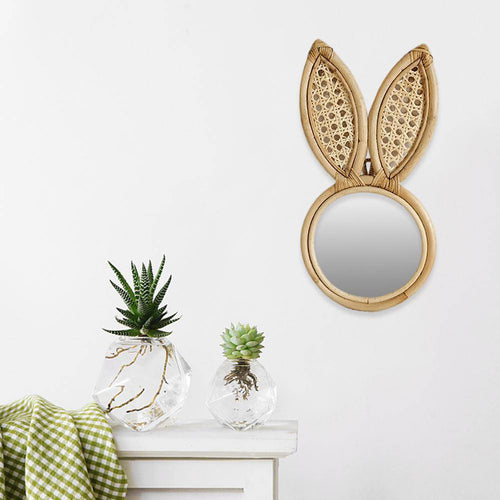 Miroir mural rond en rotin avec oreilles de lapin