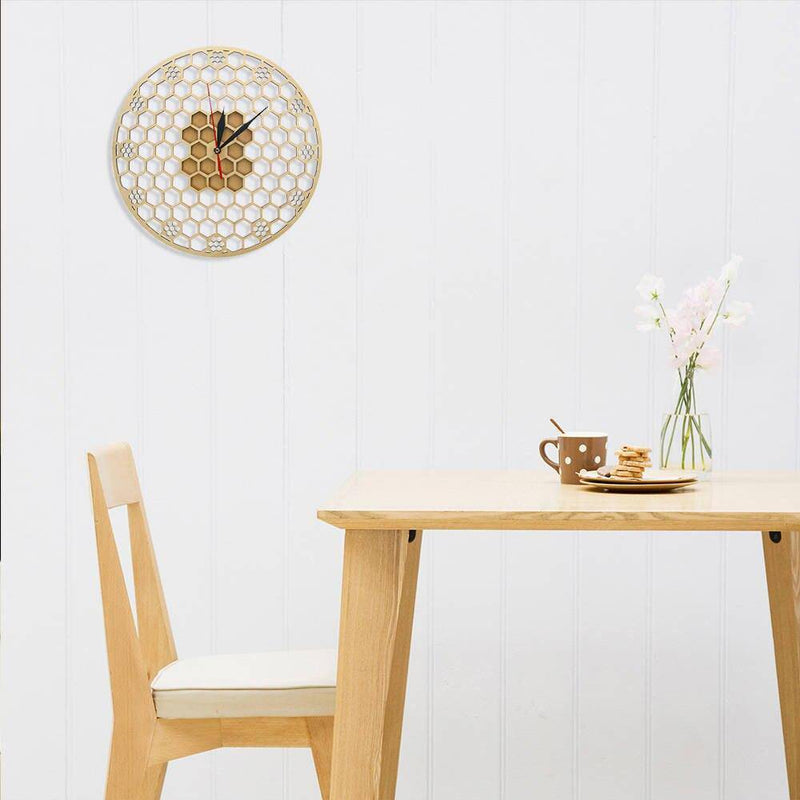 Horloge murale ronde en bois avec hexagones 30cm Honey