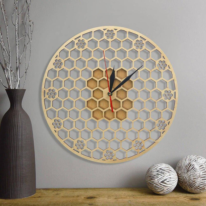 Horloge murale ronde en bois avec hexagones 30cm Honey