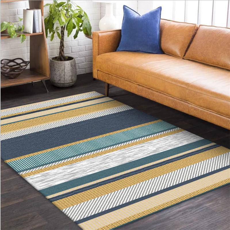 Tapis rectangle moderne aux bandes jaunes et bleues - vue 4 sur 5