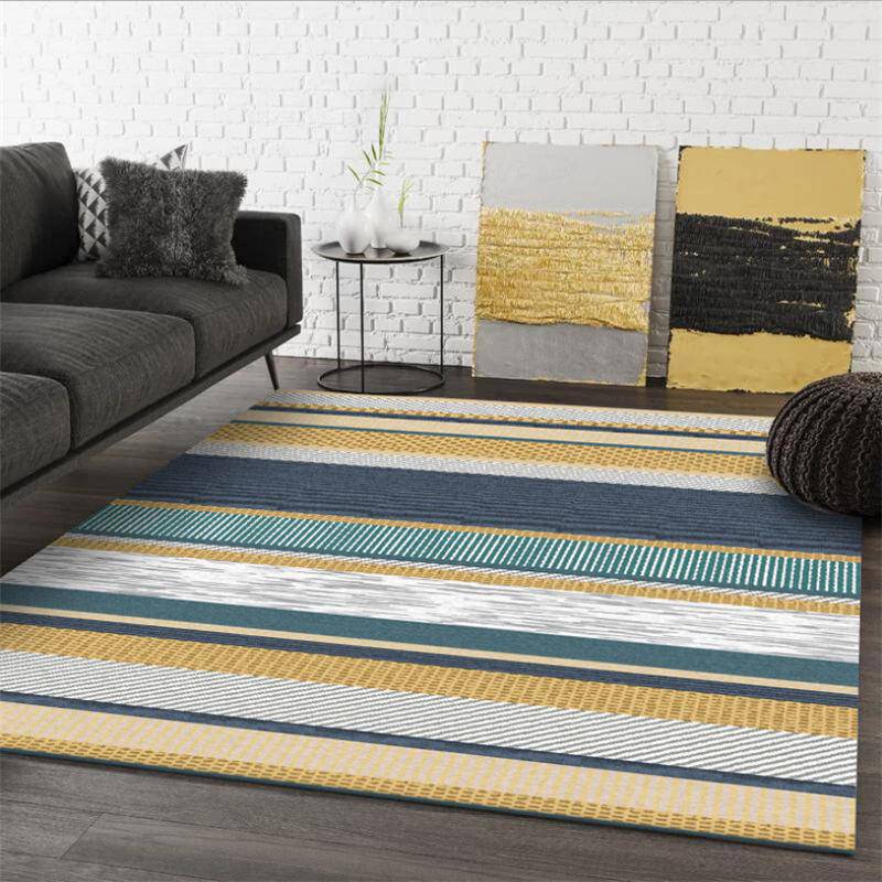 Tapis rectangle moderne aux bandes jaunes et bleues - vue 3 sur 5