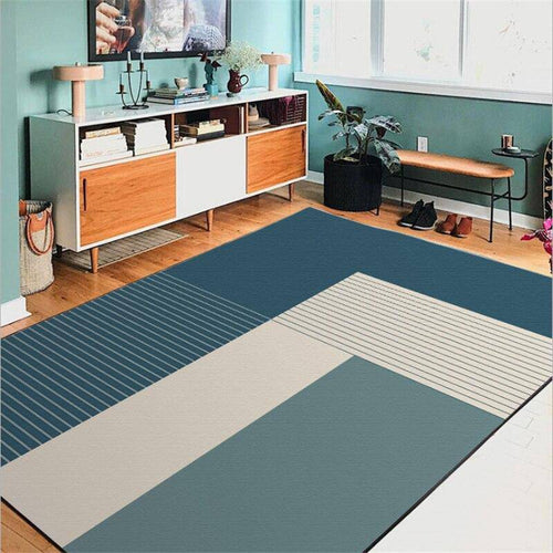 Tapis rectangle moderne design aux formes géométriques bleues - vue 2 sur 5