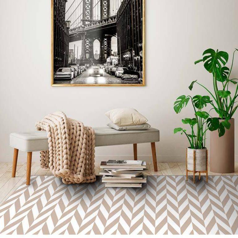 Tapis rectangle scandinave aux formes géométriques roses et blanches - vue 3 sur 2