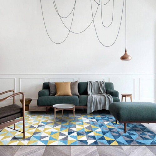 Tapis rectangle scandinave géométriques à triangles bleus et jaunes - vue 2 sur 3