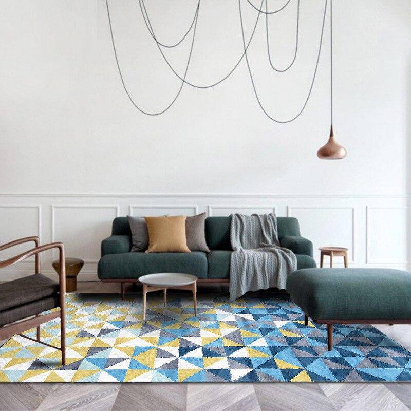 Tapis rectangle scandinave géométriques à triangles bleus et jaunes - vue 2 sur 3