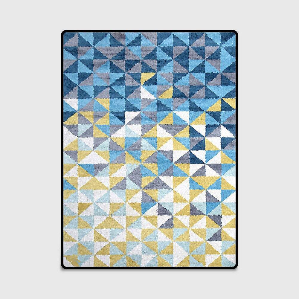 Tapis rectangle scandinave géométriques à triangles bleus et jaunes - vue 3 sur 3