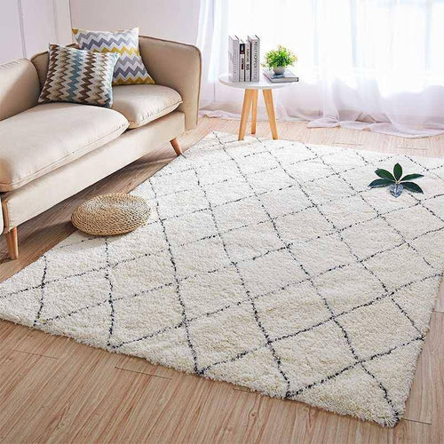Tapis shaggy rectangle blanc à quadrillage noirs - vue 2 sur 6