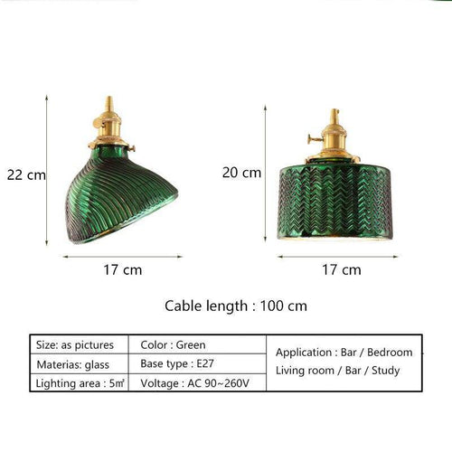 Suspension rétro LED avec abat-jour en verre rétro vert Yuja