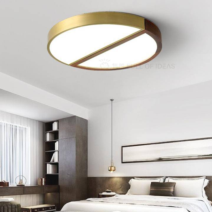 Plafonnier design à LED rond en bois et métal doré - vue 7 sur 7
