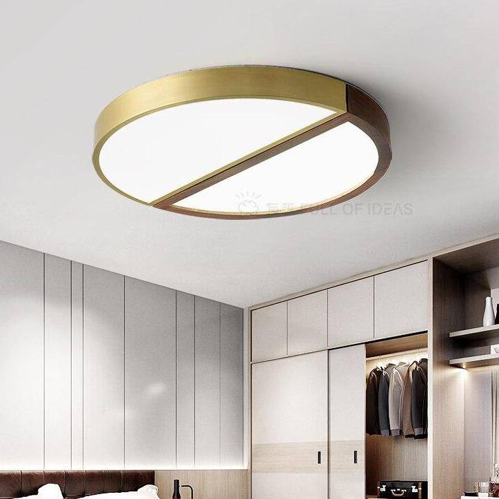 Plafonnier design à LED rond en bois et métal doré - vue 4 sur 7