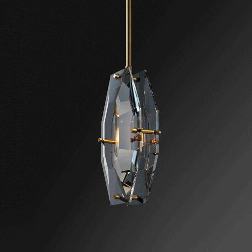 Suspension design LED avec verre en forme de crystal et tige dorée Loft