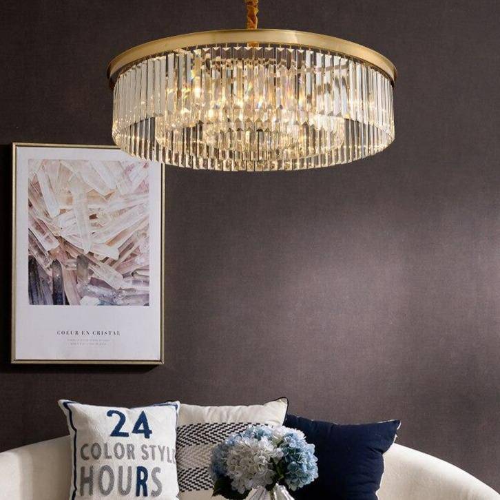Suspension design LED abat-jour rond en verre et bordure dorée Luxury - vue 6 sur 7