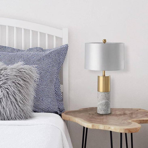 Lampe à poser design dorée LED en marbre et abat-jour gris
