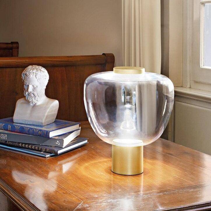 Minimalist designer LED table lamp with deformed glass shade - vue 3 sur 5