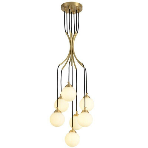 Suspension design LED avec plusieurs tiges dorées et boules lumineuses Spiral
