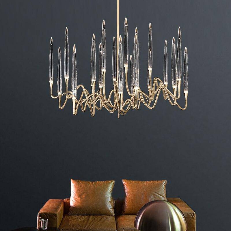 Lustre design LED avec tiges dorées et verre style Hotel - vue 6 sur 11