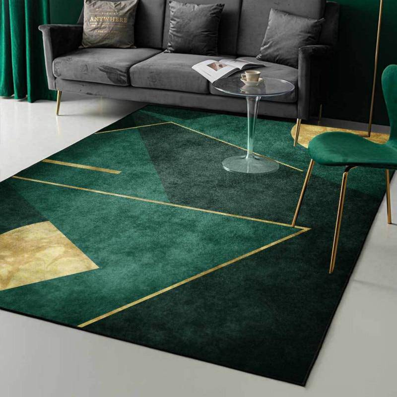 Tapis rectangle aux formes géométriques vertes et dorées