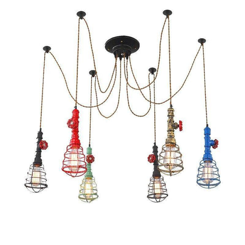 Lustre industriel LED avec plusieurs abat-jours cage en métal coloré