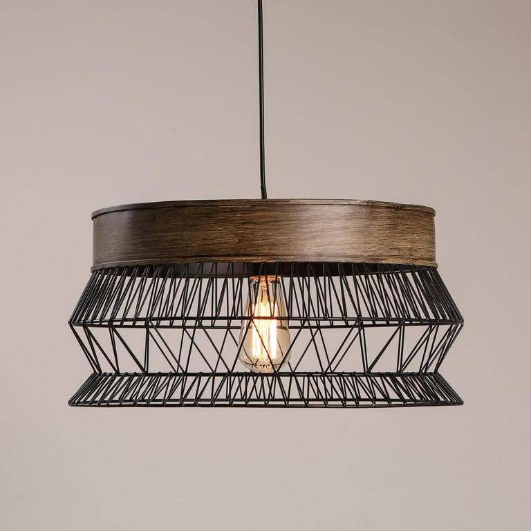 Suspension rétro LED avec disque en bois et cage métal - vue 4 sur 5
