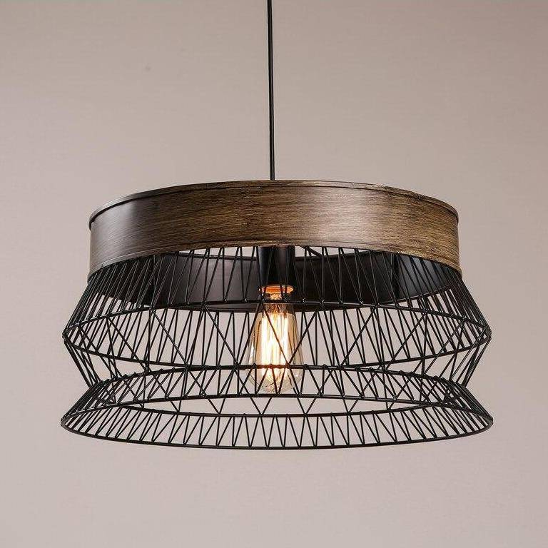 Suspension rétro LED avec disque en bois et cage métal - vue 5 sur 5