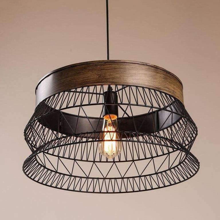 Suspension rétro LED avec disque en bois et cage métal - vue 3 sur 5